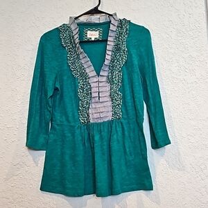 Deletta Teal 3/4 Sleeve Top Size Medium Floral Anthropologie